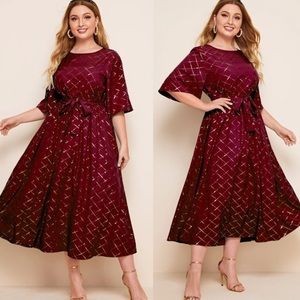 Plus size metallic print belted midi dress